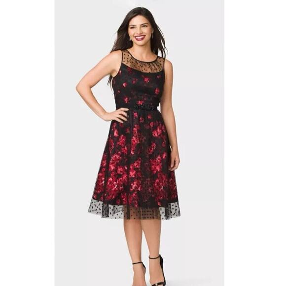 Carmen Marc Valvo Sleeveless Red Rose/Polka Dot Black Tulle Overlay Dress sz 16 - Picture 2 of 14
